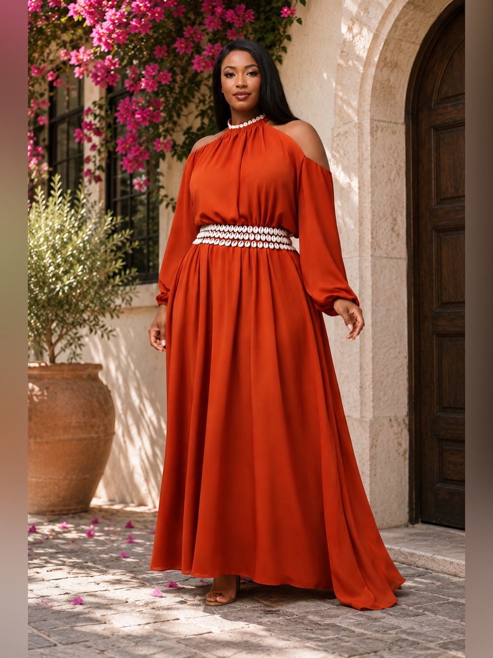Terracotta Shell-Belt Maxi Gown | Cutout Shoulder | Size 2X